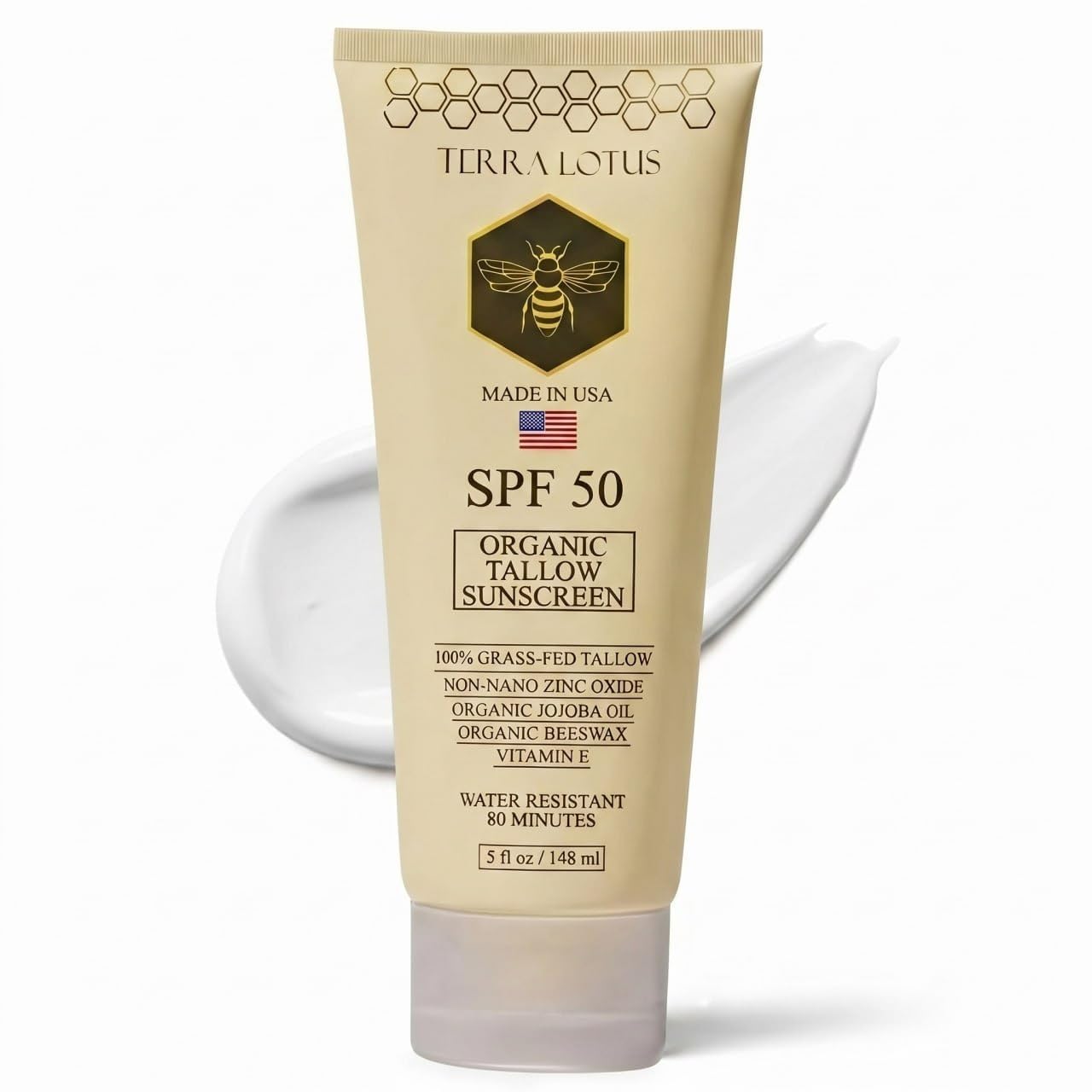 Organic Tallow Mineral Sunscreen - 50 SPF - For Face and Body - With 100% Grass-Fed Tallow and Non-Nano Zinc Oxide Reef Safe - (5 Oz) Beauty and Personal Care Terra Lotus