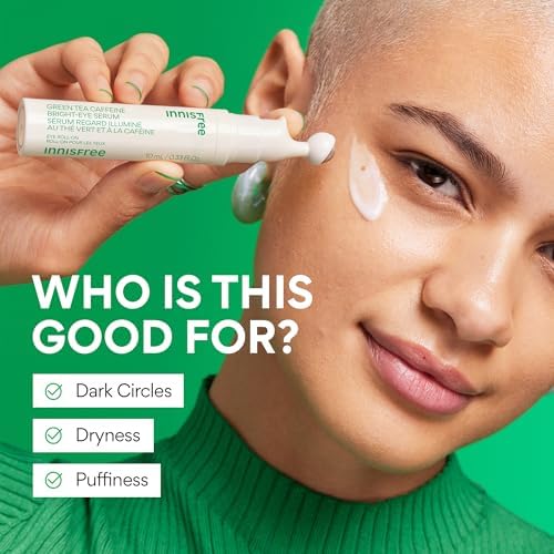 innisfree Green Tea Caffeine Depuffing Eye Serum Roll-On with Niacinamide & Hyaluronic Acid, Cooling Korean Under Eye Roller for Puffiness, Dark Beauty and Personal Care innisfree