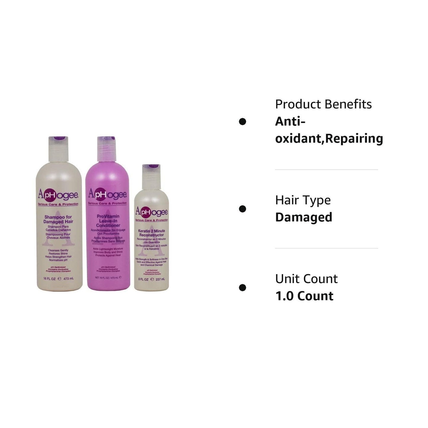 ApHogee Shampoo for Damaged Hair 16 Fl Oz, ProVitamin Leave-In Conditioner 16 Fl Oz, Keratin 2 Minute Reconstructor 8 Fl Oz Set Beauty & Personal Care Aphogee