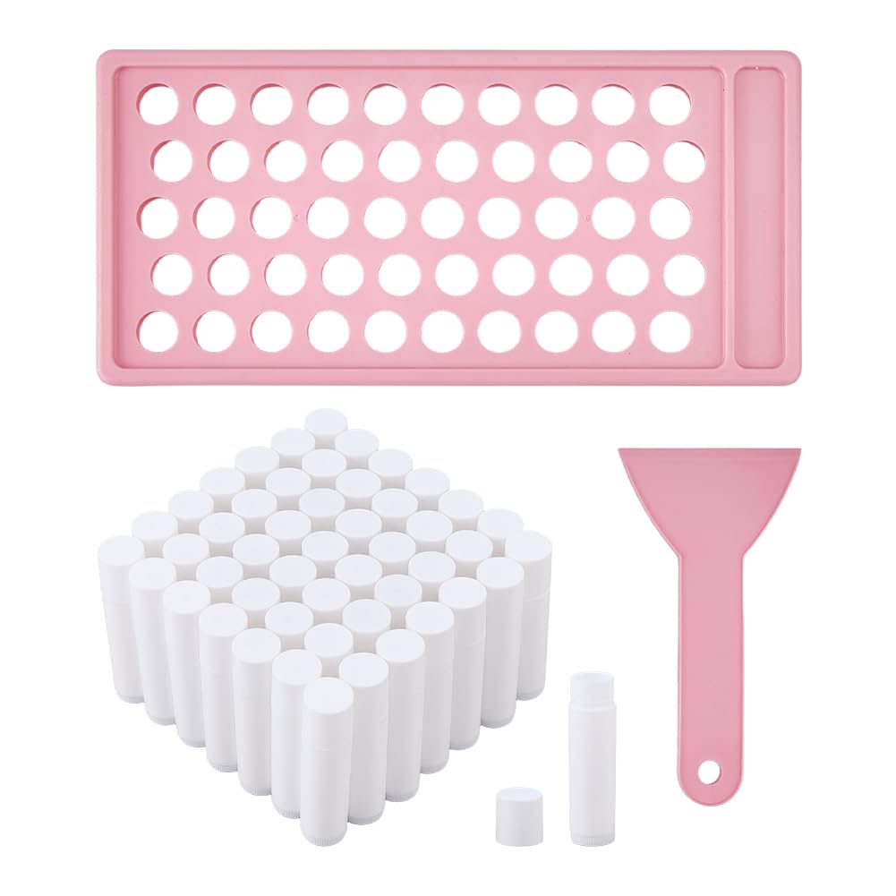 DICOSMETIC Lip Balm Tubes with Pink Filling Tray and Spatula Set Including 50Pcs 5G White Empty Lip Balm Containers with Caps for DIY Homemade Beauty and Personal Care DICOSMETIC