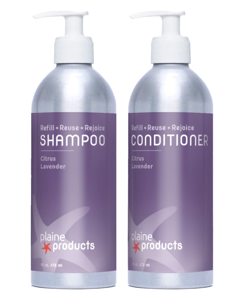Plaine Products Eco-Friendly Shampoo and Conditioner - Citrus Lavender - Sulfate/Paraben/Phthalate Free, 16oz (Refillable Aluminum Bottles with Pumps) Beauty & Personal Care Plaine Products