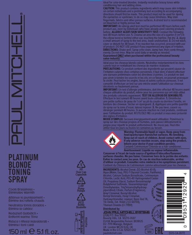 Paul Mitchell Platinum Blonde Purple Toning Spray, Cools Brassiness, Eliminates Warmth, For Color-Treated Hair + Naturally Light Hair Colors, 5.1 fl Beauty & Personal Care Paul Mitchell