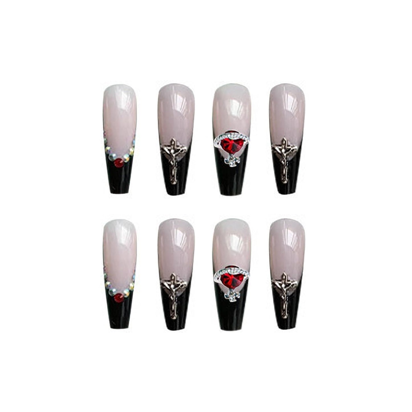 MISUD Press on Nails - Long Coffin Glue on Nails with Goth Black, Acrylic Gothic Cross Design 24 pcs Beauty & Personal Care MISUD