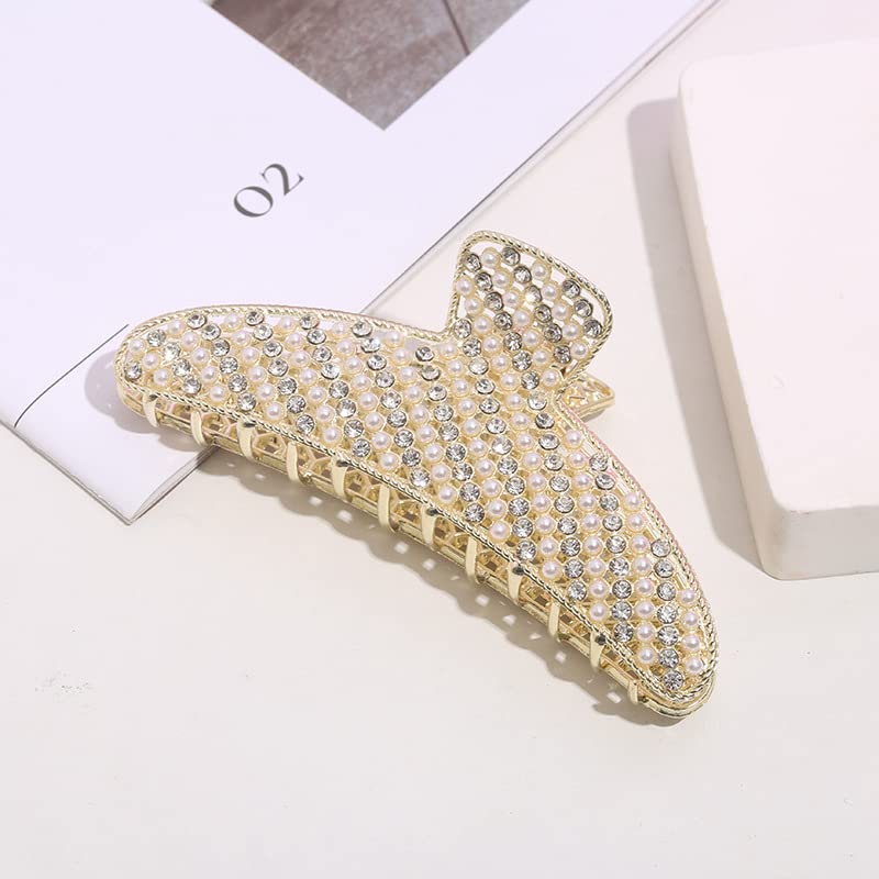 2 Pack Large Rhinestone Hair Clips, Crystal Pearl Hair Claw Clips, Black Gold Jumbo Jaw Clip, Nonslip Hair Claw for Thick Long Hair, Fashion Hair Beauty & Personal Care XinMerry