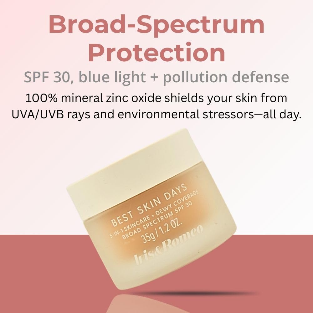 IRIS&ROMEO Best Skin Days SPF 30 Dewy Coverage Foundation Makeup - Shade 7, Medium Skin with Olive Undertones, 1.2 oz