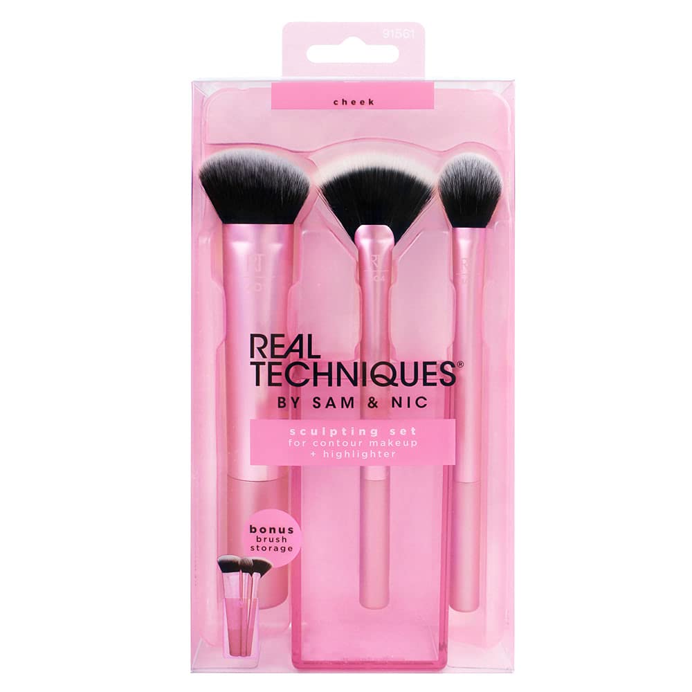 Real Techniques Cruelty Free Sculpting Set, Includes Fan or Setting Brush & Brush Cup, Synthetic Bristles, Pink, 4 Piece