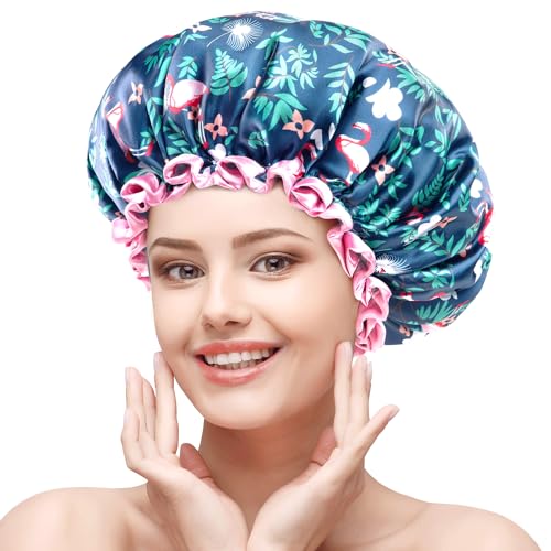 mikimini Large Shower Cap for Women Long Hair, Flamingo Shower Caps with Pink Lace, Double-layer Waterproof, Reusable, Washable,X-Large (Pack of 1) Beauty & Personal Care mikimini