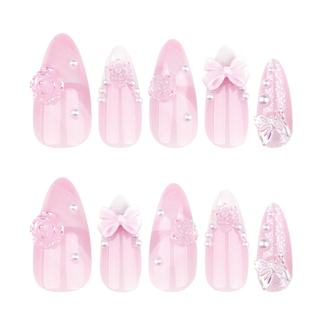 Foccna Press On Nails - Long Rhinestone Pink & Black Square Bling Glossy 3D Flower False Nails - 24pcs (Long Nails 4) Beauty and Personal Care Foccna