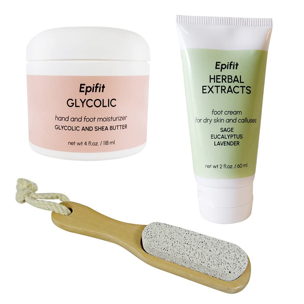 Epifit Hand and Foot Dry Skin Care Kit with Glycolic Moisturizer (118 ml / 4 fl oz), Herbal Foot Cream (60 ml / 2 fl oz) and Natural Pumice Stone Beauty and Personal Care Epifit
