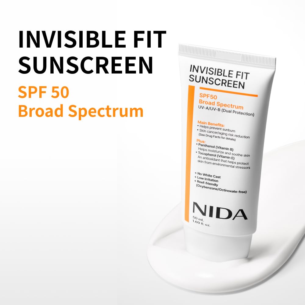 NIDA Invisible Fit Sunscreen SPF 50 Broad Spectrum UV-A/UV-B Protection | No White Cast, Low Irritation, Hydrating Lotion-like Lightweight Glow Beauty and Personal Care NIDA