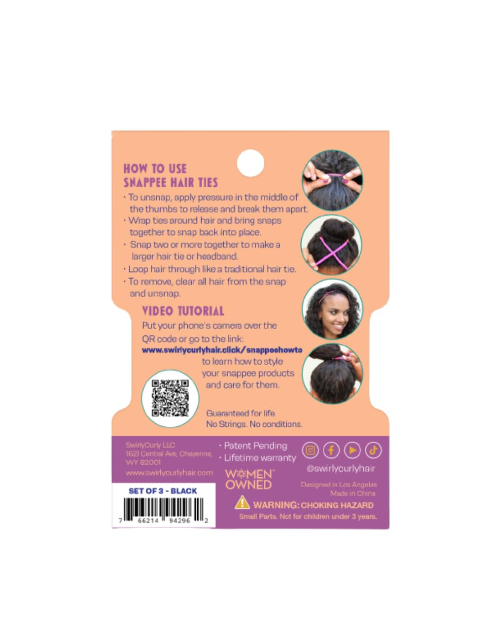 Snap Hair Ties for Thick, Natural, Curly Hair | No Slip, No Tension Pro Hair Tie | Strong Ponytail Holder (3 Pack, Black)