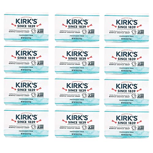 Castile Bar Soap by Kirk’s | Clean Soap for Men, Women & Children | Premium Coconut Oil | Sensitive Skin Formula, Vegan | Fragrance-Free/Unscented | Beauty & Personal Care Kirk's