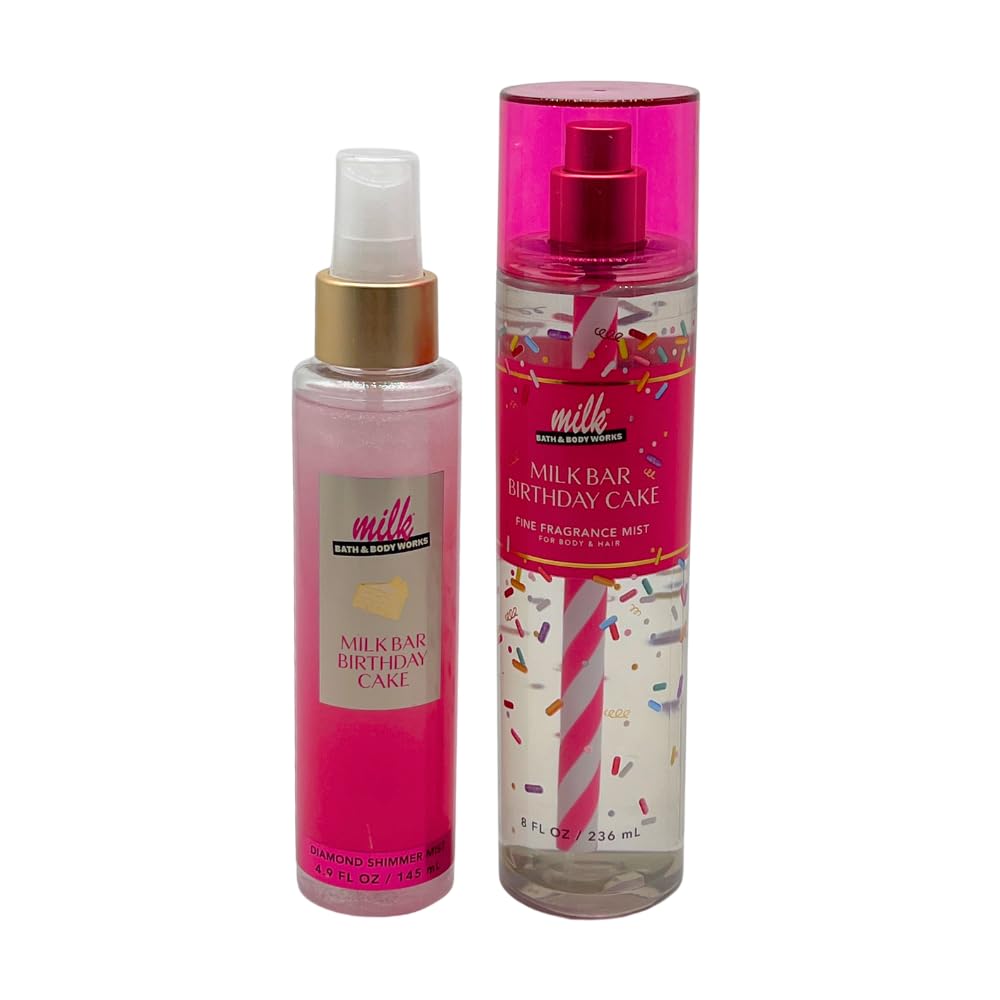 Bath & Body Works MILK BAR BIRTHDAY CAKE Fine Fragrance Mist & Diamond Shimmer Mist 2pc bundle with a Red Bow for Holidays & Gifts Beauty & Personal Care Bath & Body Works