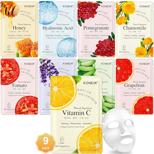 KONEUK 9 Pack Collagen Face Masks Skincare for Women, Hydrating Sheet Face Masks Suitable for All Skin Types, Bulk Facial Masks for Women Skin Care Beauty and Personal Care KONEUK Default Title