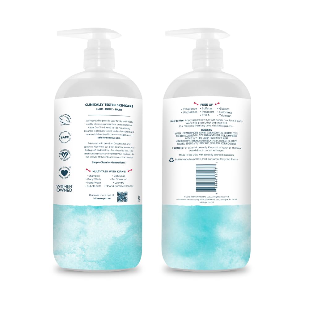 Kirk's Fragrance Free 3-in-1 Nourishing Cleanser, Shampoo Body Wash Bubble Bath, Coconut Oil and Aloe Vera, Vegan Non-GMO, 32 Fl Oz, Pack of 2 Beauty & Personal Care Kirk's