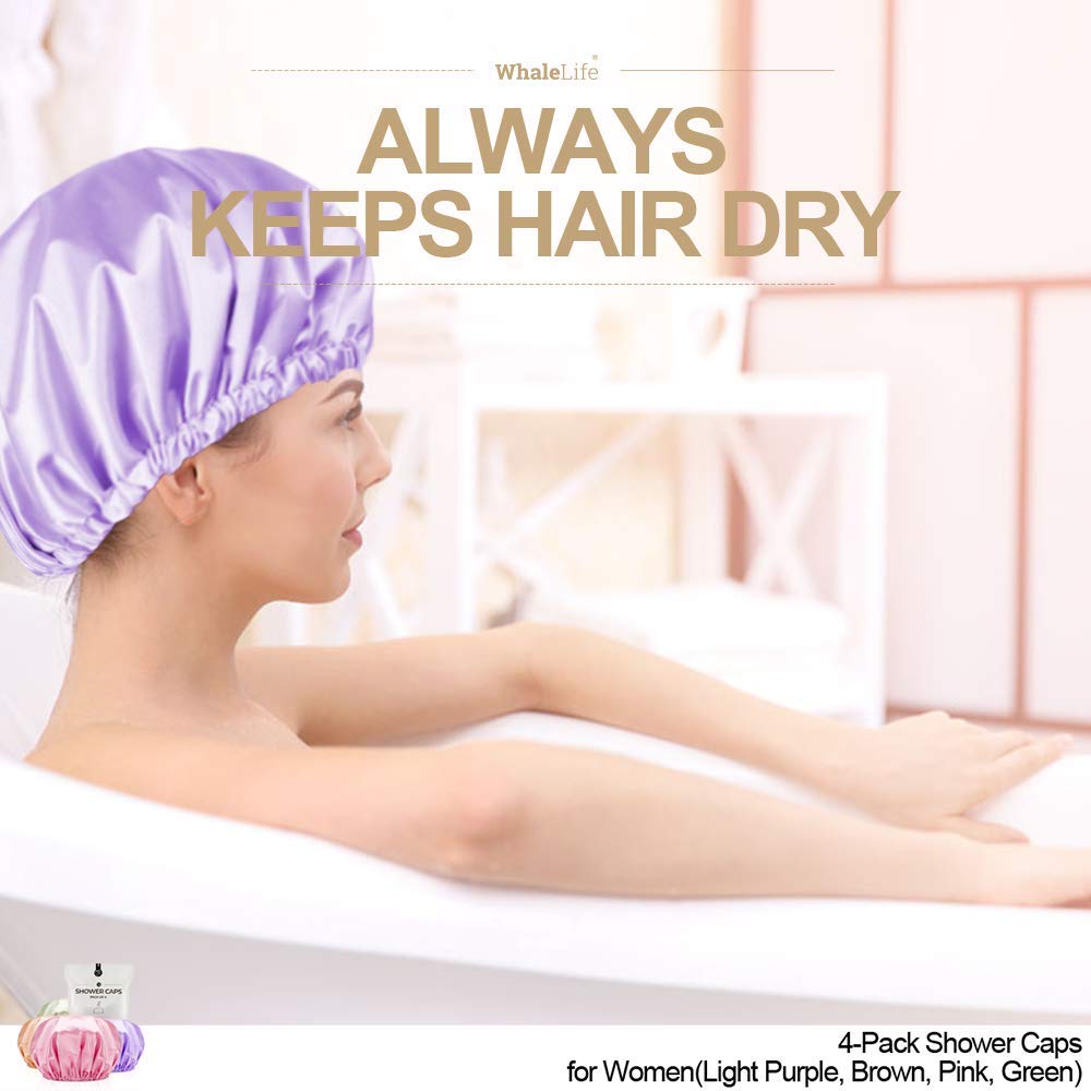 Shower Cap for Women Reusable Extra Large Shower Caps for Men Satin Double Layer EVA Waterproof Long Hair Caps(Light Purple, Brown, Pink, Green 4 Beauty & Personal Care WhaleLife