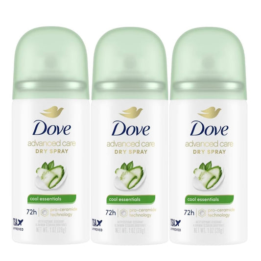 Dove Advanced Care Cool Essentials Antiperspirant & Deodorant Dry Spray Travel Size 1 oz Mini 3-Pack, 72 Hour Protection, Pro-Ceramide Technology Beauty and Personal Care Dove