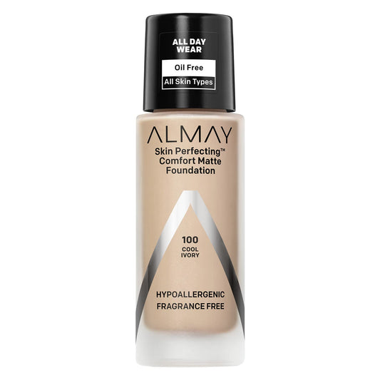 Almay Skin Perfecting Comfort Matte Foundation Liquid Makeup, Hypoallergenic, Cruelty- & Fragrance-Free, Dermatologist-Tested, 100 Cool Ivory, 1 fl oz