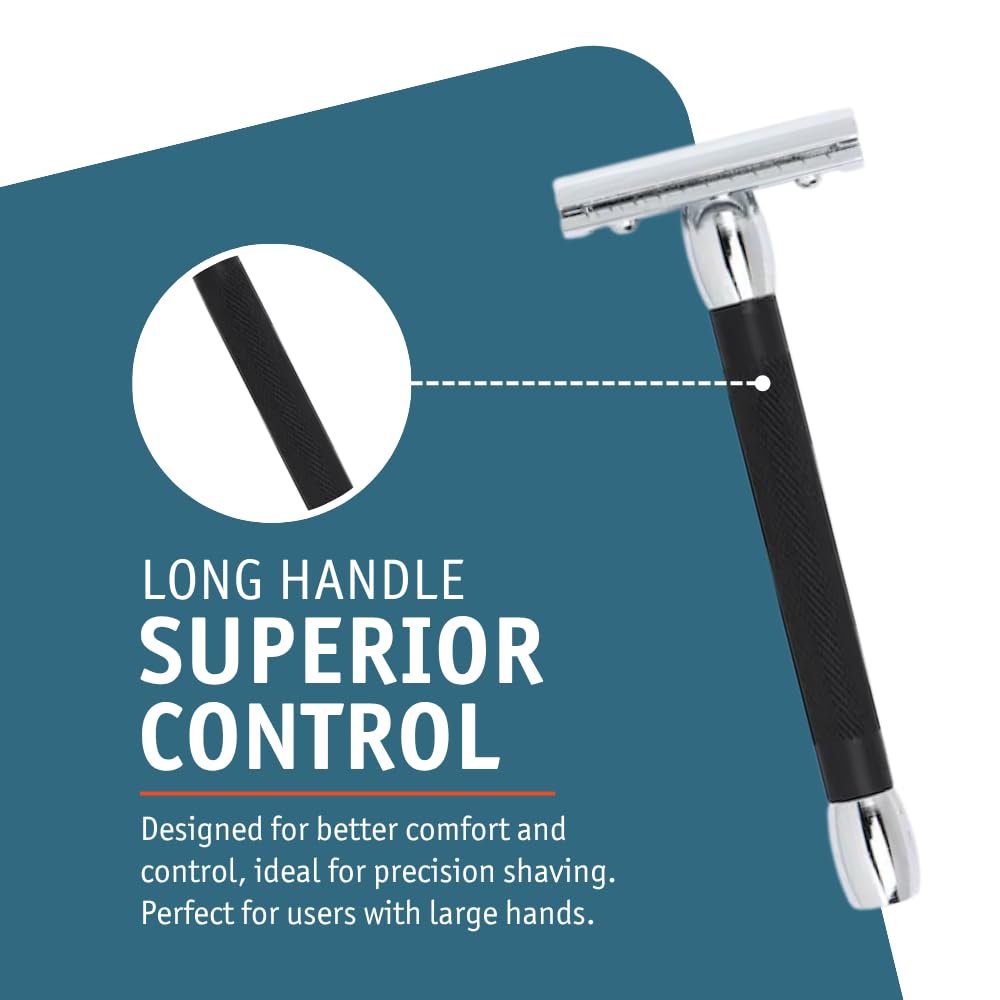 MERKUR 20C Double Edge Safety Razor, Long Handle, Black Anodized Aluminum & Bright Chrome Finish, Three-Piece Design, Closed Comb Straight Bar, Made Beauty and Personal Care MERKUR