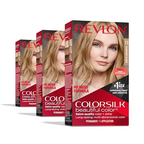 Revlon ColorSilk Permanent Hair Color, 100% Gray Coverage Dye Kit, Ammonia-Free, Keratin and Amino Acids, Blonde Shades, 73 Champagne Blonde (Pack Beauty & Personal Care REVLON