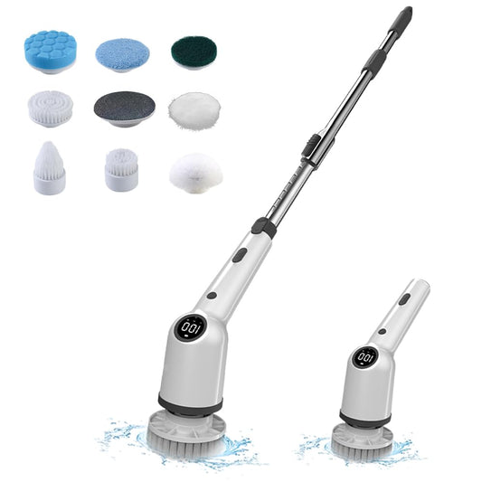 Electric Spin Scrubber, 360 Degrees 3 Speeds Power Cordless Shower Scrubber with 8 Replaceable Brush Heads and Adjustable Extension Arm for Bathroom Beauty and Personal Care Ejoyous