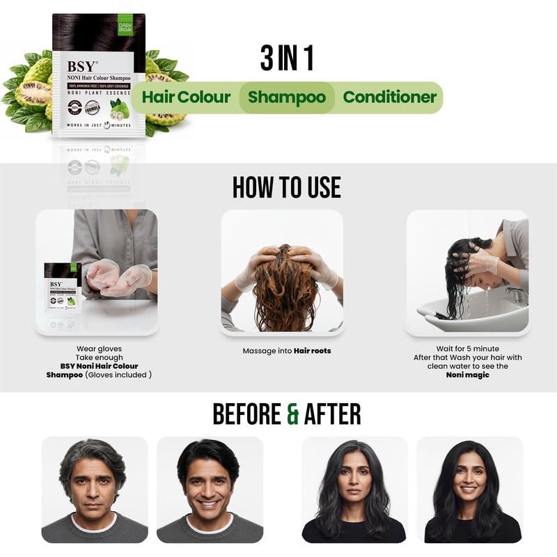 BSY Noni Dark Brown Hair Color Shampoo, Hair Dye, Hair Color Shampoo, 20mlx10 Sachets (Dark Brown, 20mlx10) Beauty & Personal Care BSY Noni Black Hair Magic