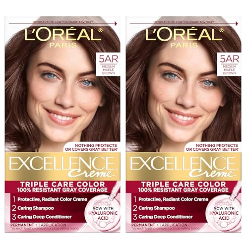 L'Oreal Paris Excellence Crème Permanent Hair Dye, Triple Care Hair Color with Hyaluronic Acid for 100% Gray Coverage, 5AR Medium Maple Brown, 1 Kit Beauty & Personal Care L'Oreal Paris