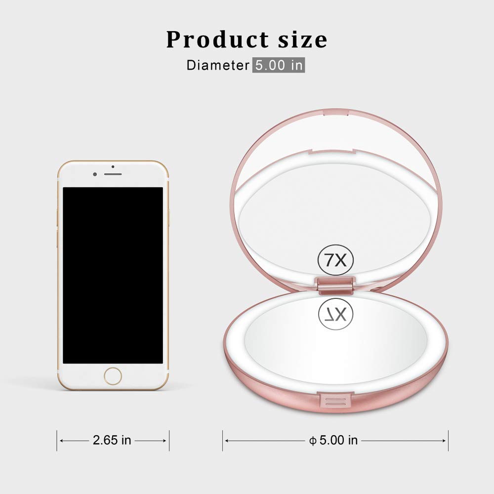 Benbilry LED Lighted Compact Travel Makeup Mirror with Lights, 1x/7x Magnification, 5 Inch Dual Sided Portable Illuminated - Perfect for Handbag Beauty & Personal Care Benbilry