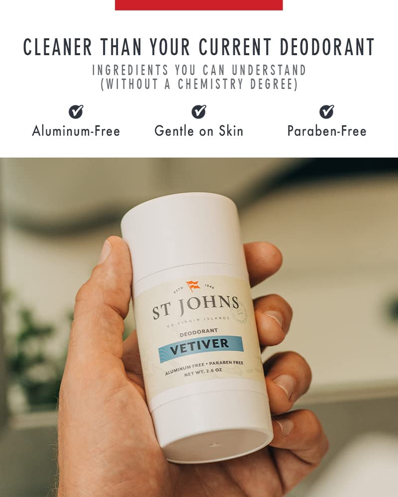 St Johns Vetiver Aluminum Free Deodorant - Long-Lasting, Odor Resistant & Soothing Clear Deodorant Stick - Natural Compounds - Men's 2.6 oz Stick Beauty and Personal Care St. John