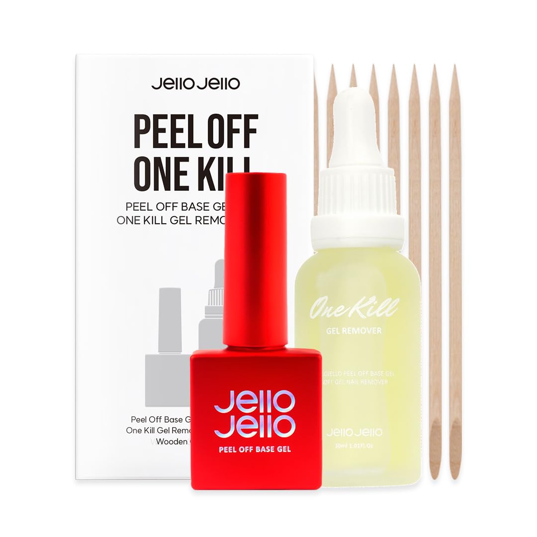 JelloJello Peel-Off Base Gel (10ml) + OneKillGelRemover (30ml) Set Peelable Nail Base, Easy Removal, Self Nail, UV/LED Cure Beauty and Personal Care JelloJello Default Title