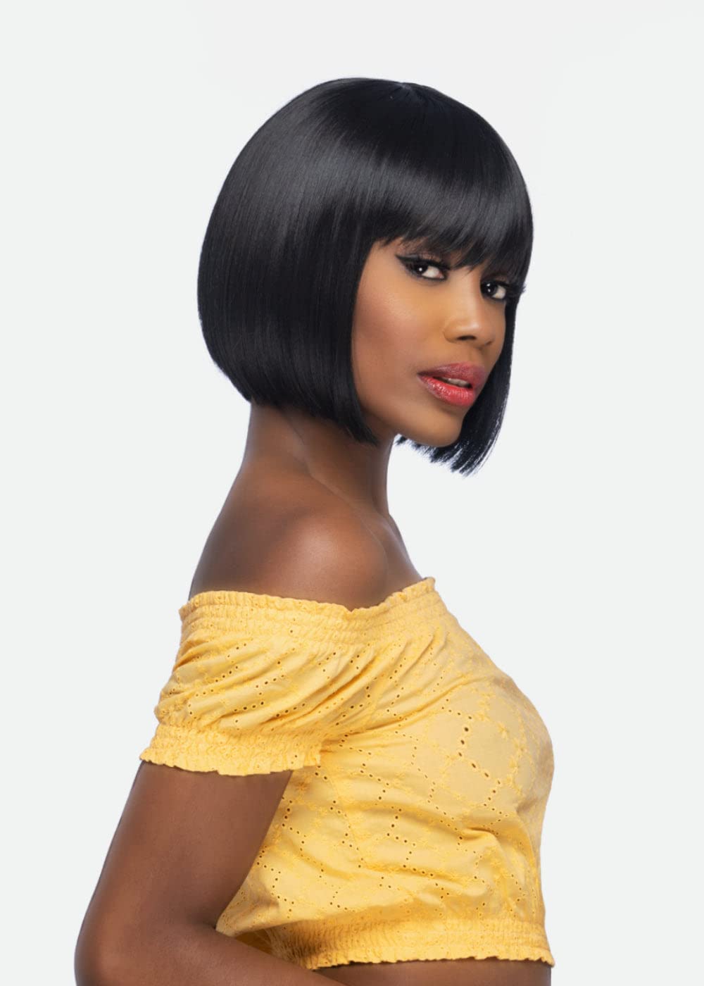 Vivica A. Fox Amore Mio Collection Short Length 10.5? Fringed End Bob Straight with Swept Bang Style High Heat Synthetic Hair - AW-BANDI (P2216)