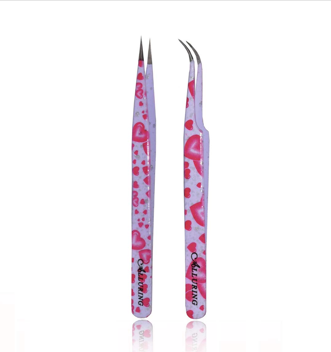Alluring Pink Heart Tweezers for Eyelash Extensions - Strong Curved, Straight (pair) Beauty and Personal Care Alluring