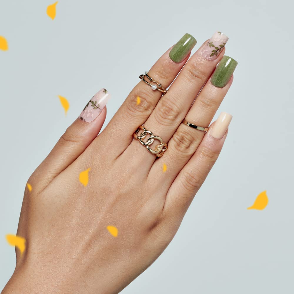 Press on Nails Medium Short Square GLAMERMAID, Amber Green Ferns Fake Nails with Design Cute Acrylic False Nail Kits Stick Glue on Nails Sets Beauty & Personal Care GLAMERMAID