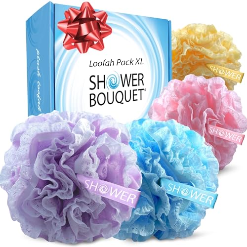Loofah-Bath-Sponge Lace-Mesh-Set // 2-Scrubs-in-1 by Shower Bouquet/Large Full 60g Pouf (4 Pack Spa Colors) Body Luffa Loofa Loufa Puff - Exfoliate Beauty & Personal Care Shower Bouquet