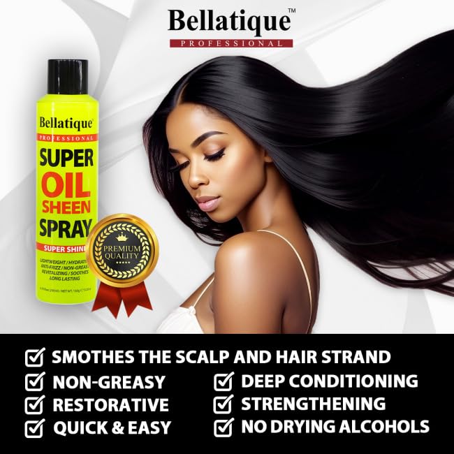 BELLATIQUE Super Oil Sheen Spray (6.76 oz) - Super Shine. Lightweight, Hydrating, Anti-Frizz, Non-Greasy, Revitalizing, Soothes, Long Lasting, Deep Beauty & Personal Care BELLATIQUE