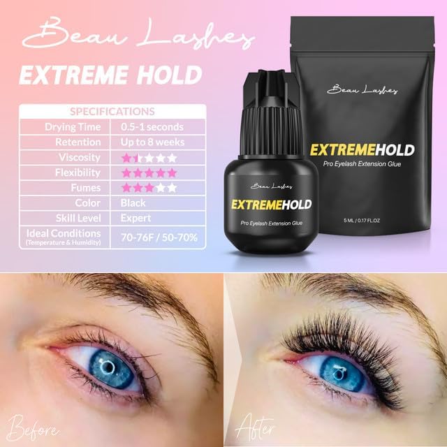 Extreme Hold Eyelash Extension Glue for Professionals | Strongest Black Lash Adhesive for Long Lasting Semi Permanent Individual Lash Extensions | Beauty & Personal Care BEAU LASHES