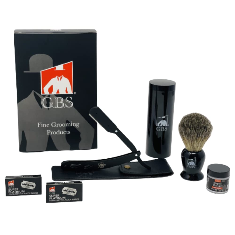 G.B.S Men's Shaving kit Straight Edge Razor Folding Barber Shavette, Razor Case Badger Brush Travel Cannister + 10 pack Blades Beauty and Personal Care G.B.S