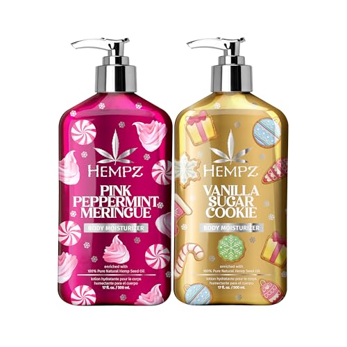 Hempz Holiday Body Lotion 2-Pack, Pink Peppermint Meringue and Vanilla Frosted Sugar Cookie Moisturizer, Fall and Winter Body Care, Gift for Men Beauty & Personal Care Hempz