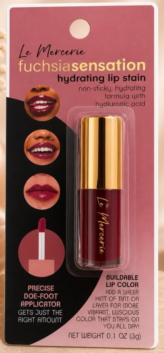 LE MERCERIE Fuchsia Sensation Hydrating Lip Stain, Long-Wear, High-Shine, with Hyaluronic Acid, 0.1 oz