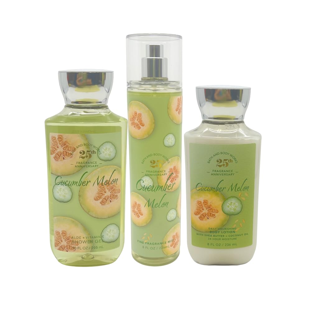 Bath & Body Works CUCUMBER MELON 3-piece Gift Set with a Red Bow for Holiday & Gifts - Mist, Shower Gel, and Body Lotion - Limited Edition Beauty & Personal Care Bath & Body Works