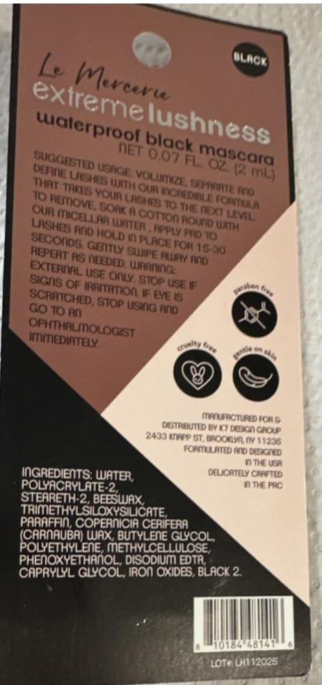 Le Mercerie Extreme Lushness Waterproof Black Mascara, Bold Lashes, Clump-Free, Volume Maximizing Brush, 0.07 fl. oz.