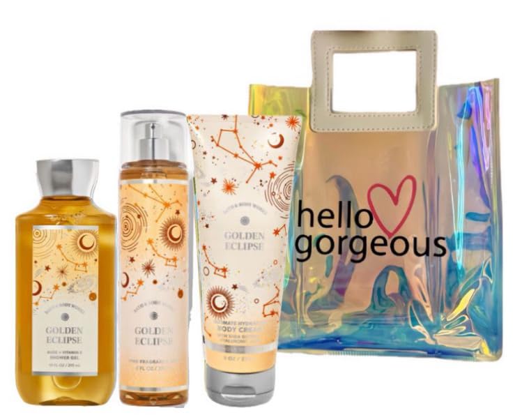 Bath & Body Works - 3 Piece Bundle - Spray - Body Cream - Shower Gel - Full Size and Bag HELLO GORGEOUS (Golden Eclipse) Beauty and Personal Care White Barn