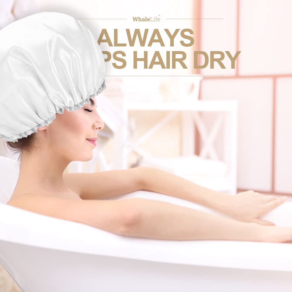 Shower Cap for Women Reusable Extra Large Shower Cap for Men (White 4 Pack Large) Satin Double Layer EVA Waterproof Long Hair Cap Beauty & Personal Care WhaleLife