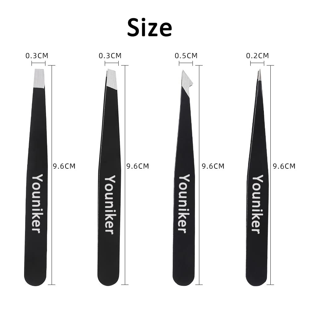 Youniker Tweezers Set, 4 Piece Professional Stainless Steel Tweezers for Women & Men Great Precision Tweezer for Eyebrows Hair Removal Beauty and Personal Care Youniker