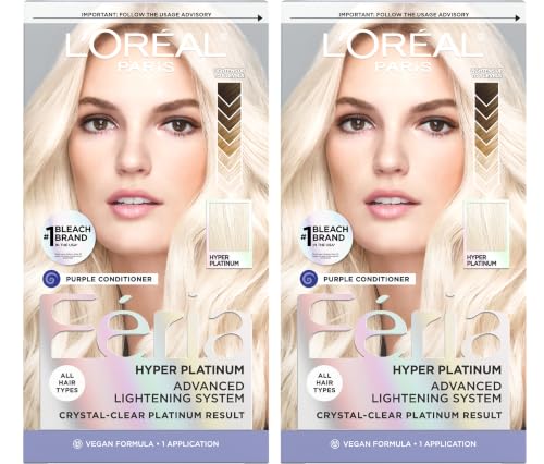 L’Oreal Paris Feria Hyper Platinum Hair Bleach, Lifts Up To 8 Levels, Includes Anti Brass Purple Conditioner, Hyper Platinum Blonde Hair Dye Kit, Pack