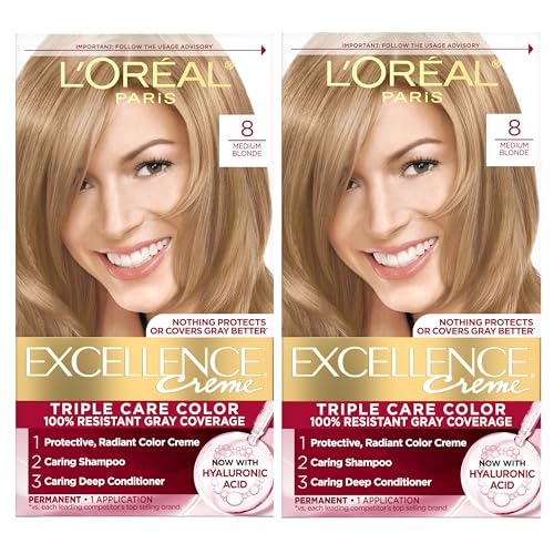 L'Oreal Paris Excellence Crème Permanent Hair Dye, Triple Care Hair Color with Hyaluronic Acid for 100% Gray Coverage, 8 Medium Blonde, 1 Kit (Pack Beauty & Personal Care L'Oreal Paris