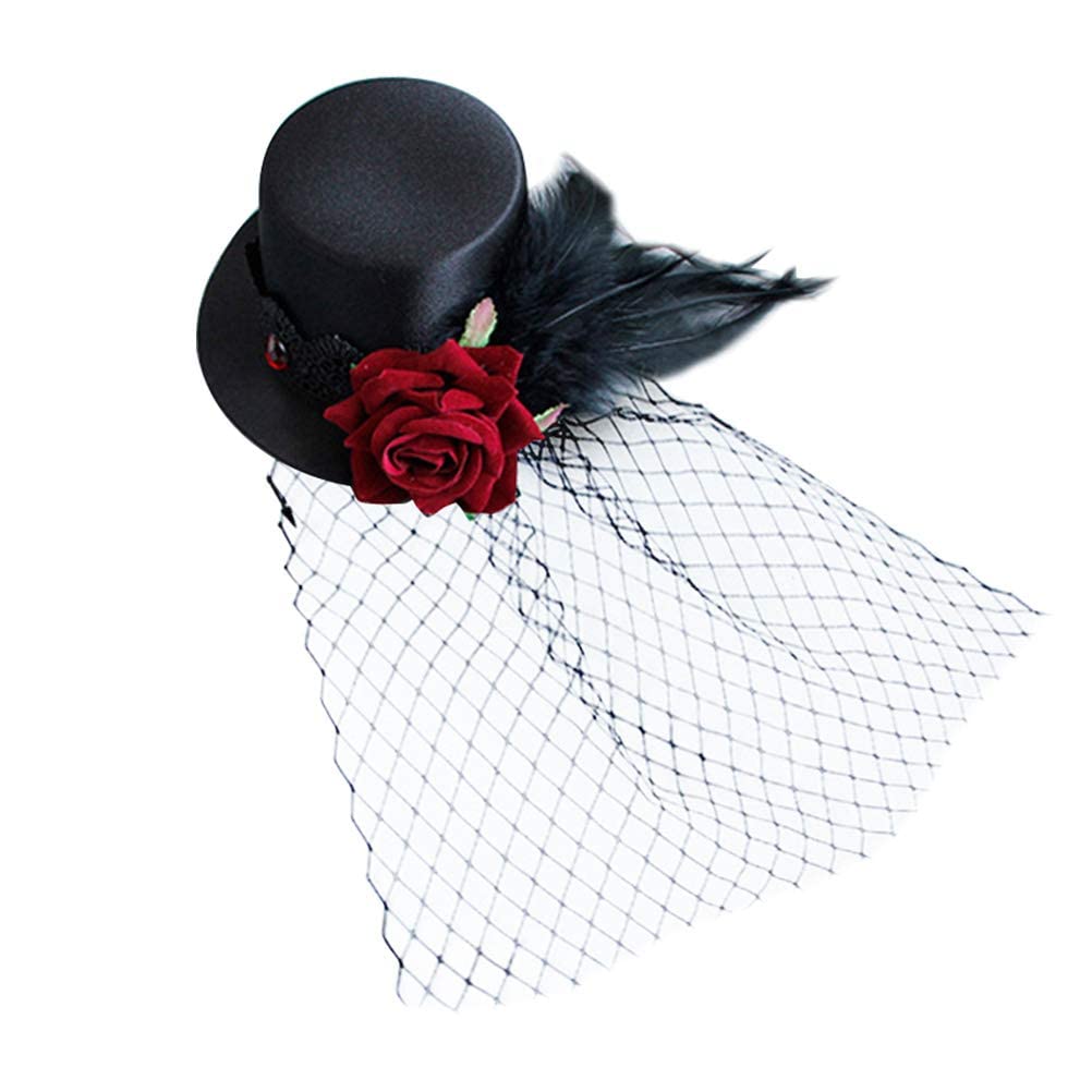 LEORX Small Top Hat Black Veil Hair Clip Flower Decor Top Hat Hair Accessories for Masquerade and Halloween Beauty & Personal Care LEORX