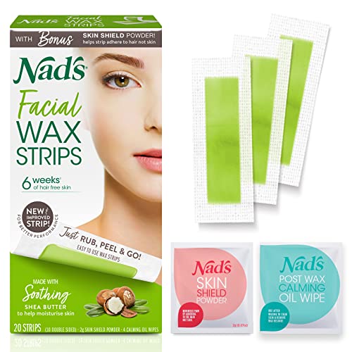 Nad's Facial Wax Strips - Hypoallergenic All Skin Types - Facial Hair Removal For Women - At Home Waxing Kit with 20 Face Wax Strips + 4 Calming Oil Beauty & Personal Care Nad's