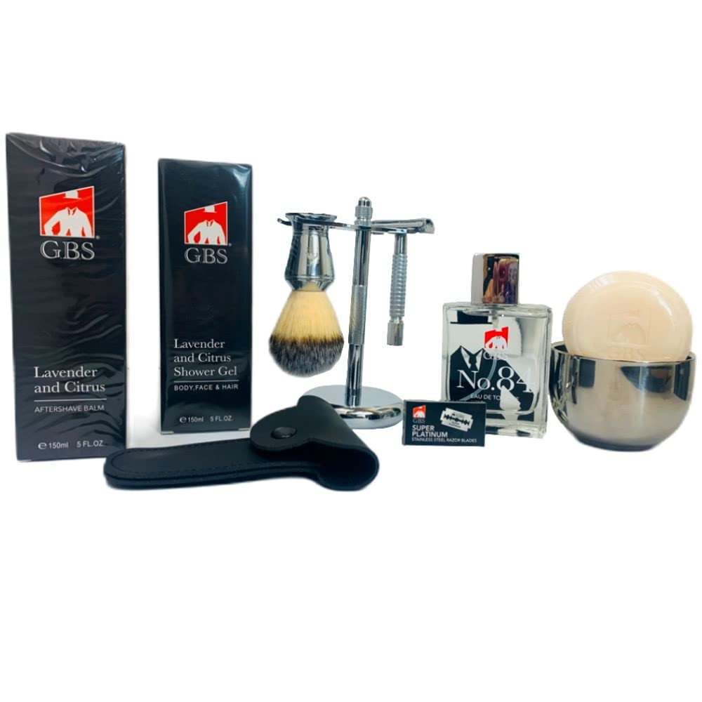 G.B.S Men’s Grooming Shaving Set 9 Pieces, Butterfly Razor, Bowl with Soap, Cologne, Synthetic Bristle Brush and Razor Chrome Stand Aftershave Shower Beauty and Personal Care G.B.S