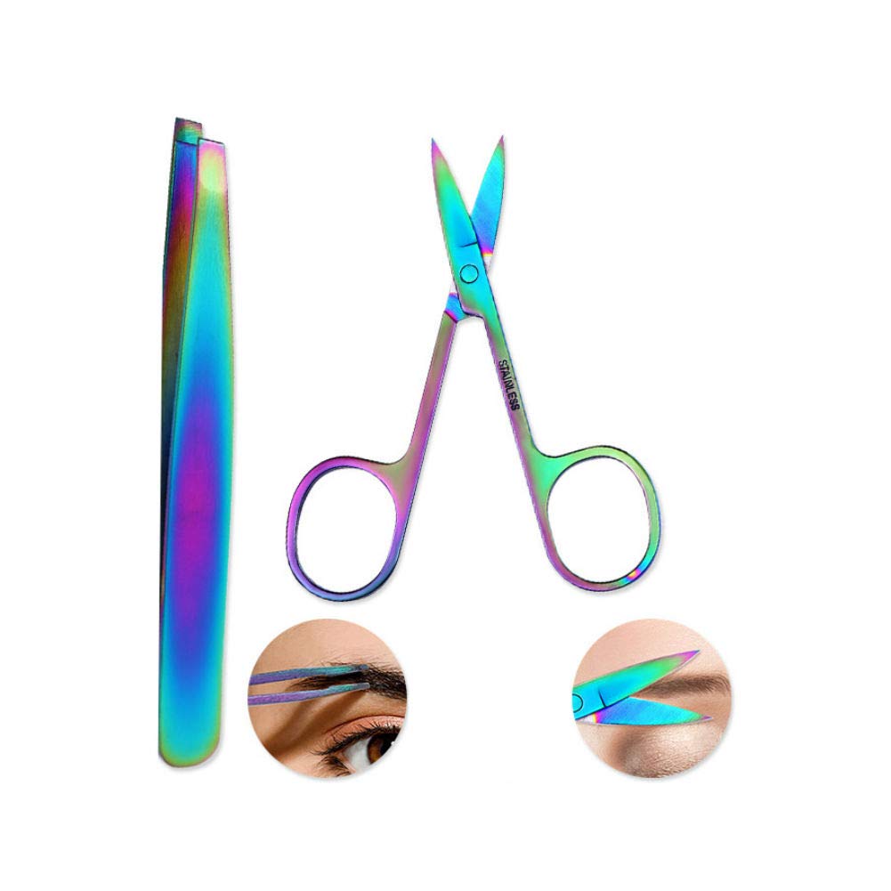 AKOAK 2 Pieces Rainbow Stainless Steel Slant Tip Eyebrow Tweezer and Eyebrow Scissor Facial Hair Removal Makeup Tool Beauty and Personal Care AKOAK